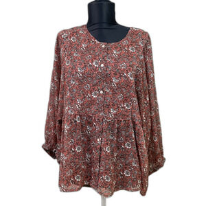 Lucky Brand Babydoll Peasant Top Floral size L  buttons partial lined Rodeo